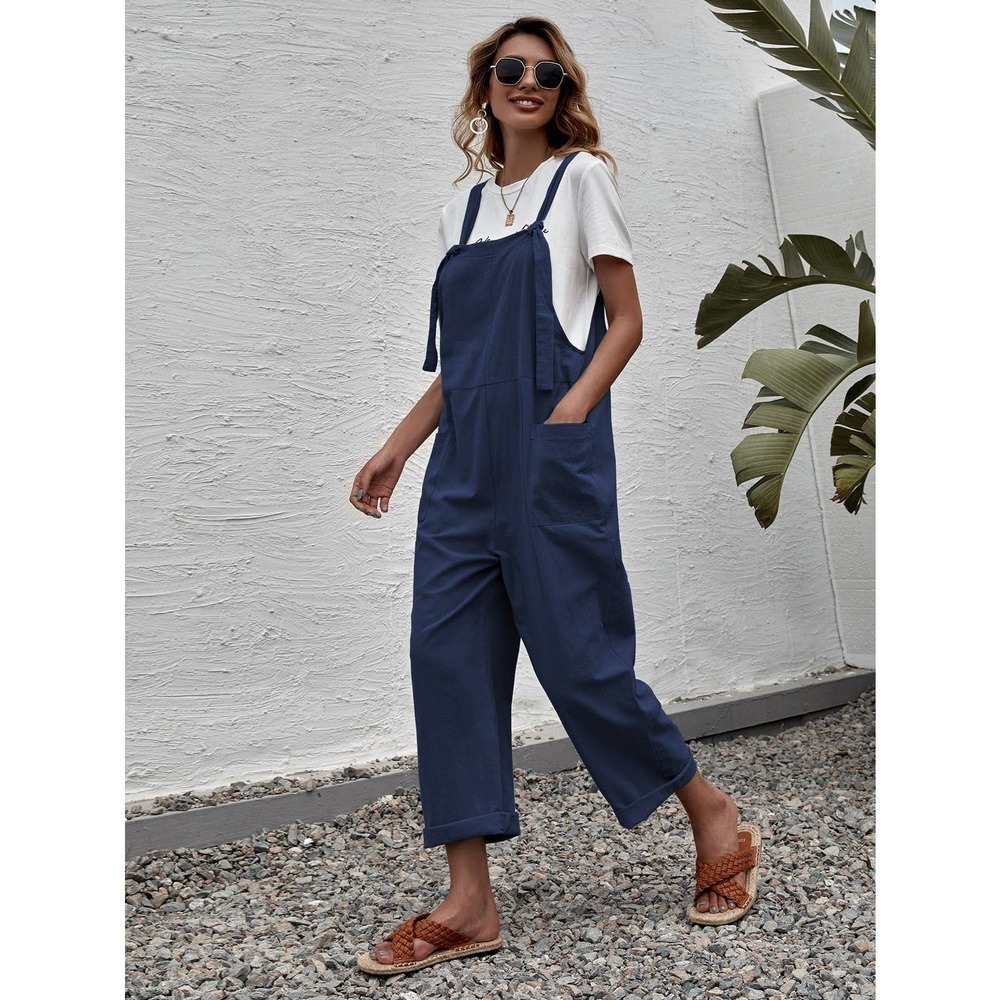 Suspender Style Overalls Wide Leg Jumpsuit with pockets boho olive green - Picture 9 of 11